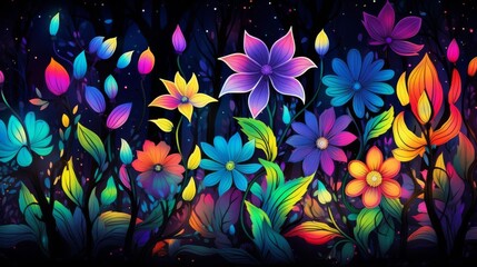 various flowers and plants with a neon glow in a dark background.