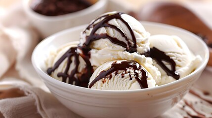 Homemade Frozen Vanilla Ice Cream With Chocolate Syrup