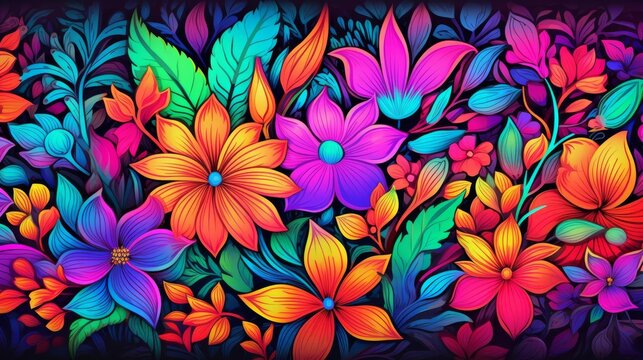 vibrant hand-drawn flowers and leaves with a neon glow