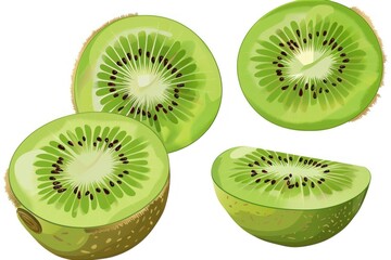 Fototapeta premium Whole and Halved Kiwi Fruits with Vibrant Green Flesh, Isolated on White. 