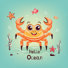 Children's design with a funny crab, starfish and fish. Vector illustration for postcards, covers, banners, invitations and more.