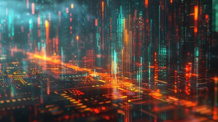 Fototapeta premium A cityscape with a lot of lights and buildings. The lights are in different colors and are scattered throughout the image. Scene is energetic and vibrant