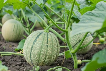Close-up of melon with a textured rind growing in rich soil, supported by a network of healthy green vines, melon growing