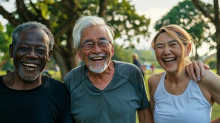 A diverse group of seniors enjoying a fitness class in a park, laughing and having fun while staying active