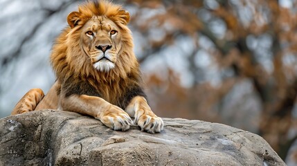 Large and majestic male lion panthera leo resting on a large rock