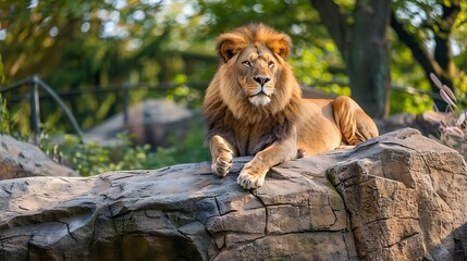 Naklejka premium Large and majestic male lion panthera leo resting on a large rock