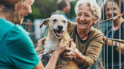 A group of enthusiastic seniors volunteering at a local animal shelter, giving back to their community