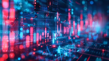 Obraz premium A computer screen with a lot of numbers and lines. The numbers are in red and blue. The image has a futuristic feel to it