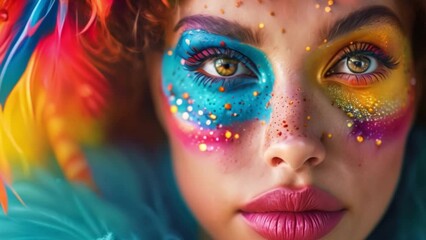 a woman with painted face at a carnival party in Venice, showcasing vibrant makeup and glamorous style