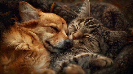 Obraz premium A peaceful image of a dog and a cat sleeping and hugging each other, showing love and friendship. Suitable for pet-related content or relaxation-themed materials.