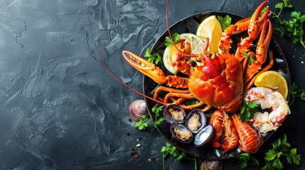 A dish of seafood featuring lobsters, shrimp, clams, and lemon slices presented on a table with exquisite tableware and garnished with leafy vegetables AIG50