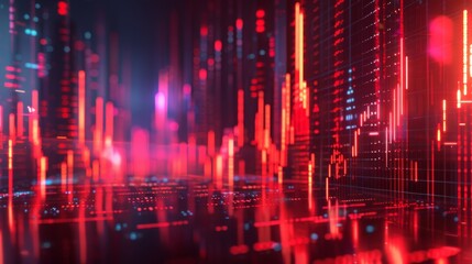 A cityscape with red and blue lights and a red line that is going down. The cityscape is very busy and has a lot of activity
