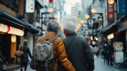 A senior couple exploring a new city together, hand-in-hand, embracing new experiences