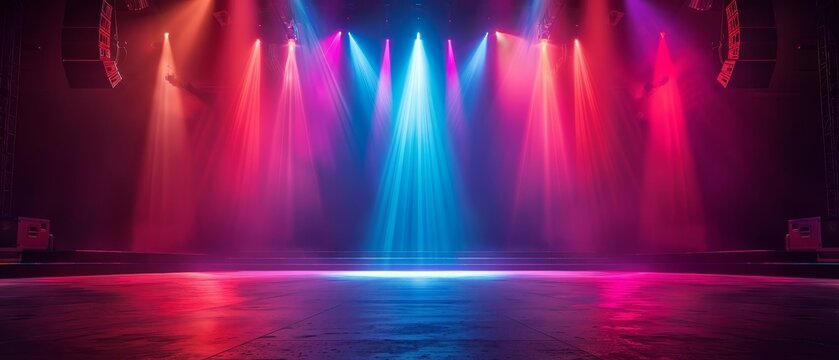 A concert stage bathed in colorful lights empty but brimming with potential for an electrifying performance set against a dark background.