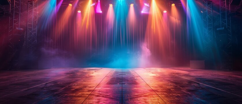 A concert stage bathed in colorful lights empty but brimming with potential for an electrifying performance set against a dark background.