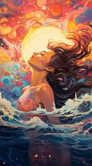 A young woman with long, flowing hair is swimming in the ocean