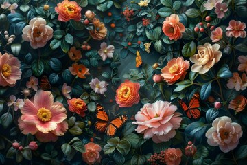 Vibrant floral pattern with roses, peonies and butterflies on a dark background, a detailed botanical illustration, Generative AI
