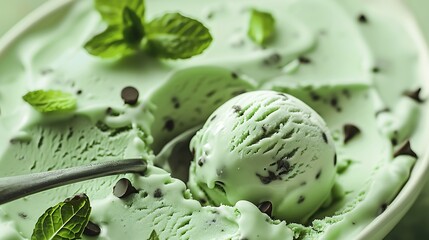 Organic Green Mint Chocolate Chip Ice Cream with a Spoon