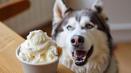 Our husky loves the homemade ice cream made from natural yogurt - obrazy, fototapety, plakaty