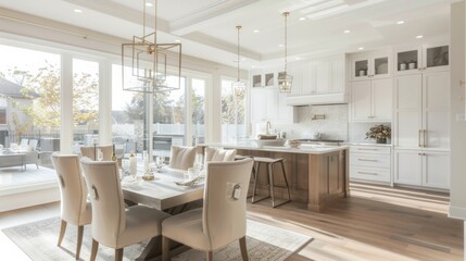 Fototapeta premium Beautiful kitchen in luxury modern contemporary home interior with island and chairs