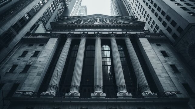 A black and white photo of a building with columns and a dome. The building is a bank and the columns are very tall