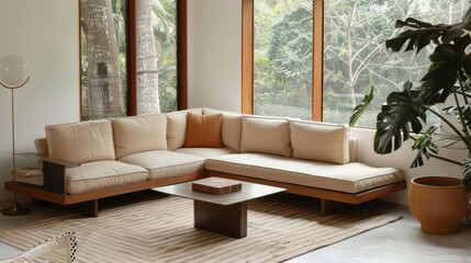 Beige corner sofa and coffee table. Minimalist home interior design of modern living room in house in forest
