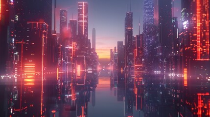 3D of a futuristic cityscape at dusk with skyscrapers and neon lights reflecting in a tranquil river below