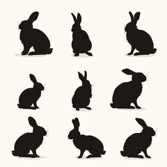 Fototapeta premium Rabbit silhouette set of different poses black flat vector illustration