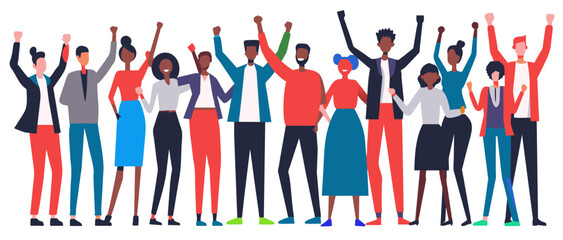 Illustrated diverse group of people, with men and women raising their arms in a victory or celebration pose, reflecting teamwork, success, and unity in a flat design style