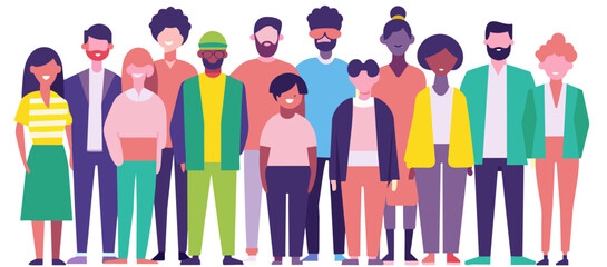 Colorful illustration featuring a diverse group of animated characters, showcasing a mix of genders, ages, and ethnicities in casual attire, standing together in unity and harmony