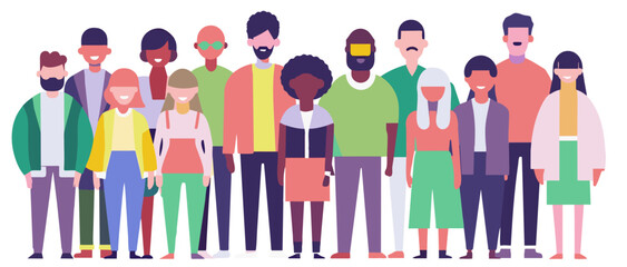 Colorful illustration depicting a diverse group of stylized cartoon people standing side by side in harmonious unity, showcasing multicultural and multiethnic inclusivity