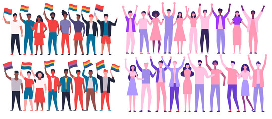Illustration showcasing a vibrant crowd of characters with various skin tones, raising their hands in celebration, some holding colorful flags, representing unity and diversity
