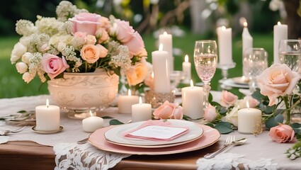 Birthday party decorated with flowers and candles, outside wedding table, happy birthday invitation card, wedding invitation card, and table with flowers and candles on a spring summer background 