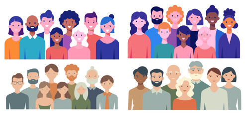 Vibrant illustration showcasing four diverse groups of stylized people. Each panel representing different ages and ethnic backgrounds in flat design style