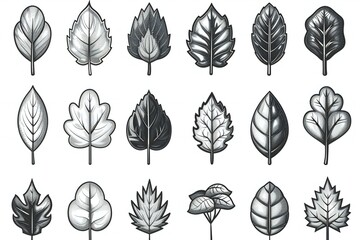 Set of black and white leaves on a white background,  Vector illustration