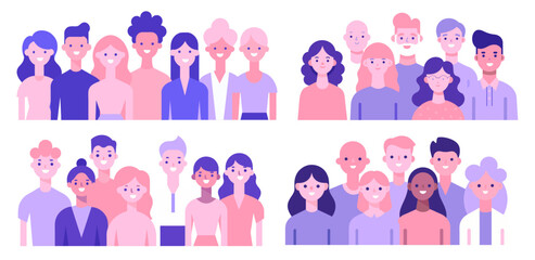 Colorful illustration showcasing a diverse array of cartoon characters in group settings to depict inclusivity, community, and teamwork in a cheerful, flat design style