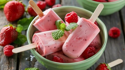 Strawberry and raspberry ice cream popsicles in green bowls