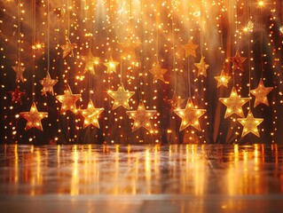 A backdrop of golden starpatterned lights on a stage setting a festive scene for events that require dynamic and bright visual elements.