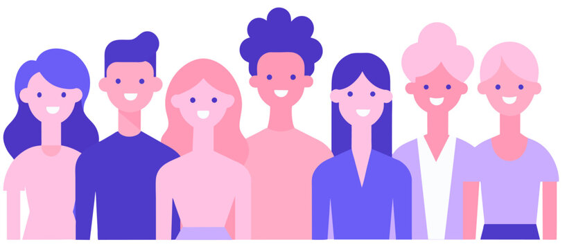 Colorful illustration of a diverse group of seven smiling characters with a modern, flat design style, showcasing inclusivity and friendship in a vibrant composition