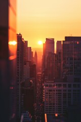 City skyline at sunset, using crisp lines and subtle shading to evoke a sense of modern elegance