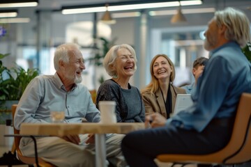 Smiling senior couple sitting at table in office and talking with colleagues