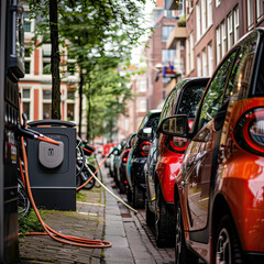 A row of electric cars charging at street-side stations, showcasing urban adoption of green technology.