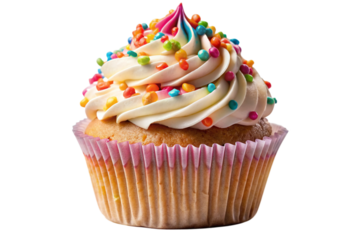 Isolated Cupcake: A decadent cupcake with frosting and sprinkles isolated on a transparent background, suitable for bakery menus and dessert-themed designs.
