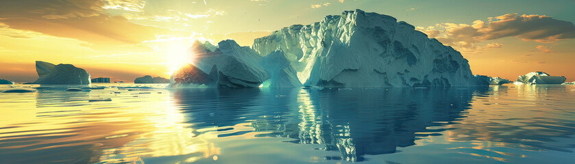 Panoramic view of tranquil icebergs floating in calm, turquoise waters under a bright, clear sky.