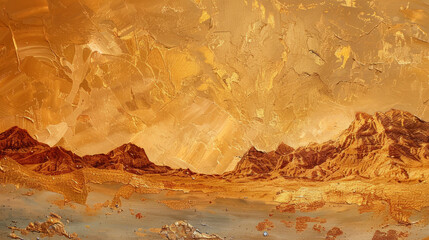 An oil painting that bathes a rugged desert mountainscape in golden hues, capturing the harsh yet beautiful terrain under a luminous sky.

