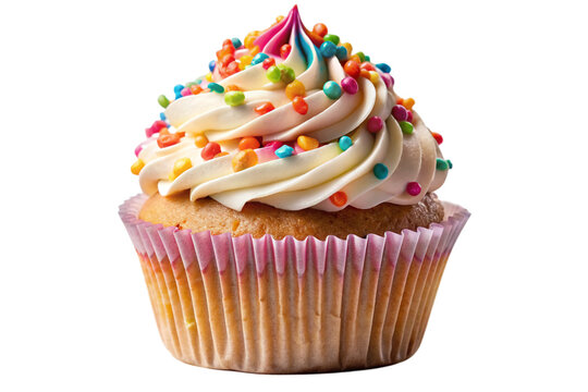 Isolated Cupcake: A decadent cupcake with frosting and sprinkles isolated on a transparent background, suitable for bakery menus and dessert-themed designs.

