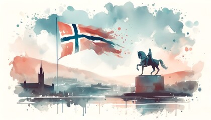 Fototapeta premium Watercolor illustration for norwegian constitution day celebration.