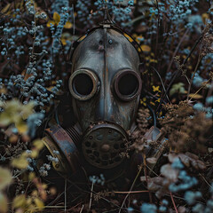 Old, rusty gas mask lying abandoned in a field of overgrown plants, suggesting a forgotten past.