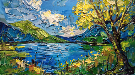 An expressive oil painting that captures the vibrant essence of spring by a lake, featuring blossoming yellow flowers, lush greenery, and a vivid blue sky with fluffy clouds.
