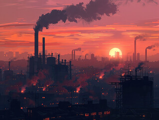 Dramatic urban skyline under a cloud of pollution from industrial smokestacks at sunset.